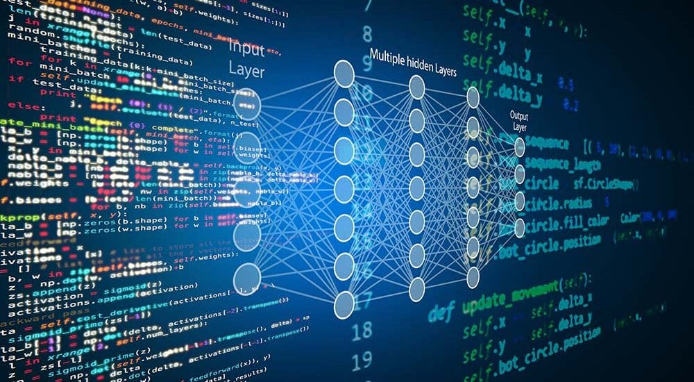 Blue Rock digital innovation represented through abstract data flows and interconnected technology, symbolizing cutting-edge solutions.